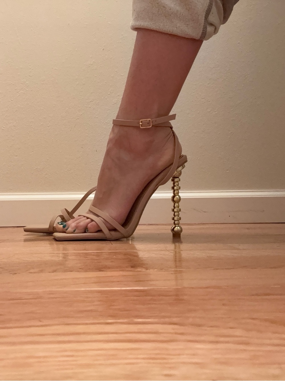 Fashion Nova Nude Strappy Ankle‑Strap Heels with Gold Beaded Stiletto